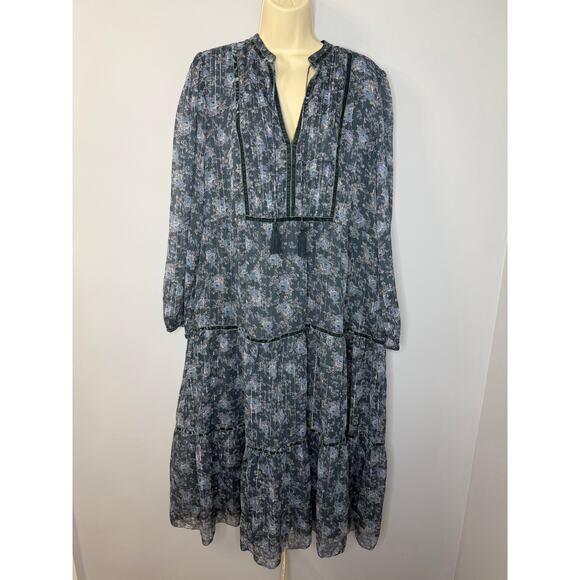 Lucky Brand Floral Long Sleeve Midi Dress Boho Blue Floral Women's  Size XL - Picture 2 of 15